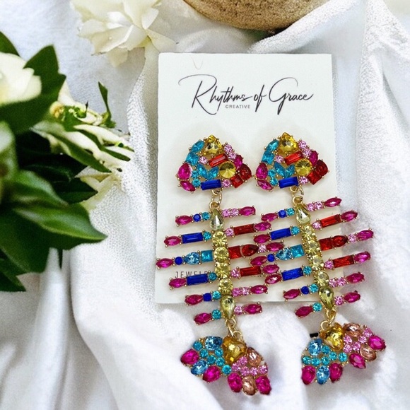 Bright Rainbow Rhinestone Earrings – Fishbone Dangles, Trendy Statement Jewelry - Picture 3 of 5